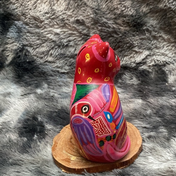 Folk Art Yellow Hand Painted Clay 
Cat Piggy Bank Floral Coin Bank - Picture 3 of 15